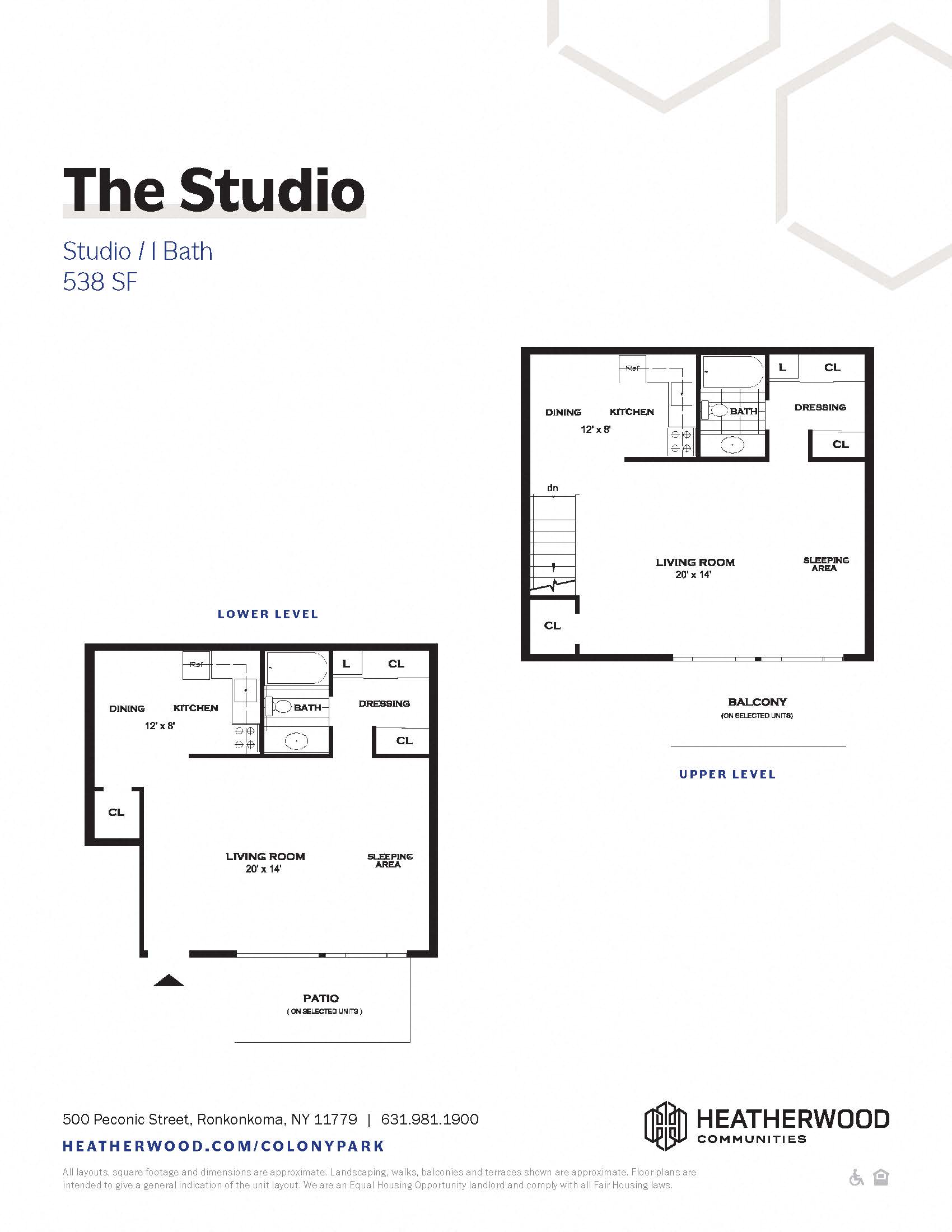 Floor plan for studio, 1 bath, 538 sqft